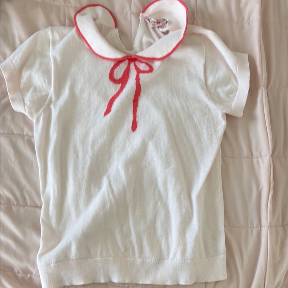 Bonpoint White Tee with Red Bow Accent